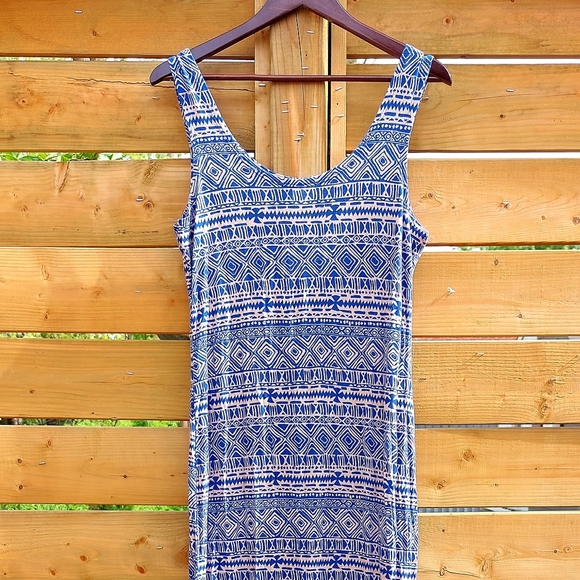 Poet blue & beige geometric side-slit maxi dress, XL, EUC - Picture 2 of 6